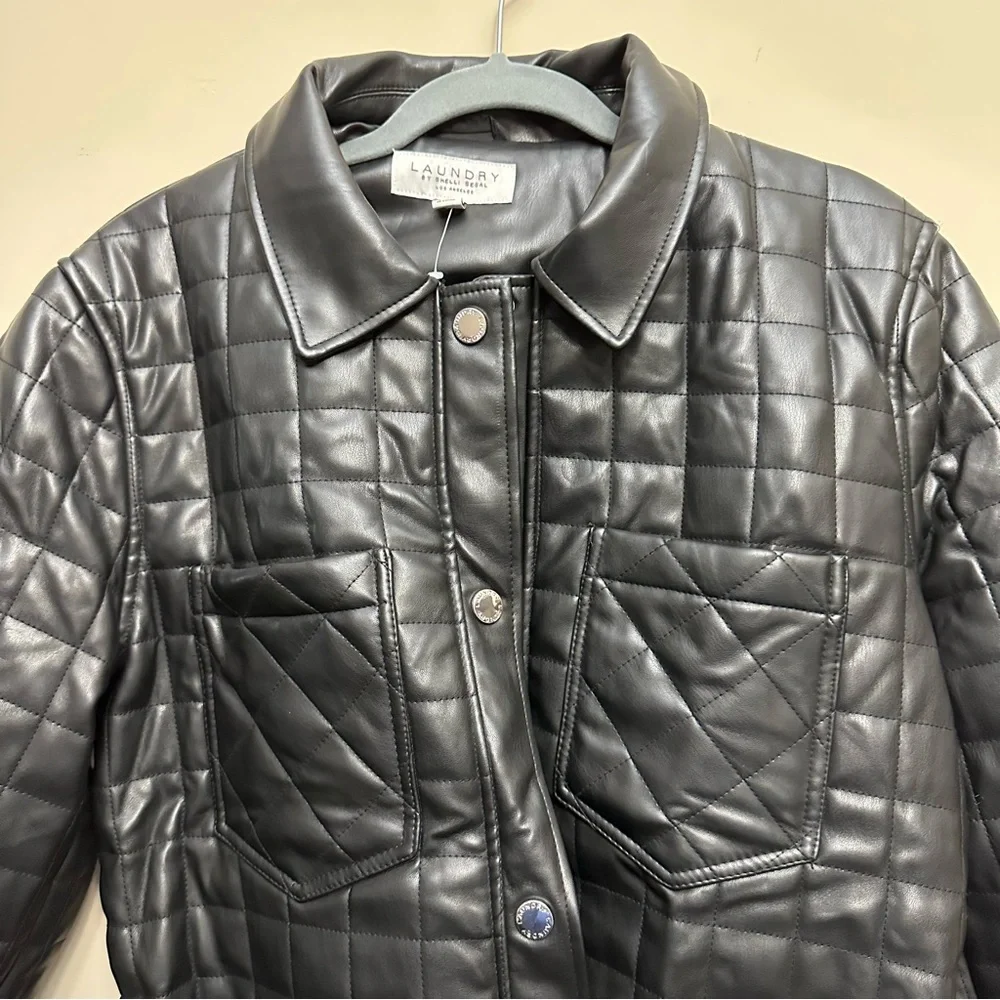 Laundry by Shelli Segal Quilted Faux Leather Tie Waist Button Up Jacket Coat - Picture 3 of 7